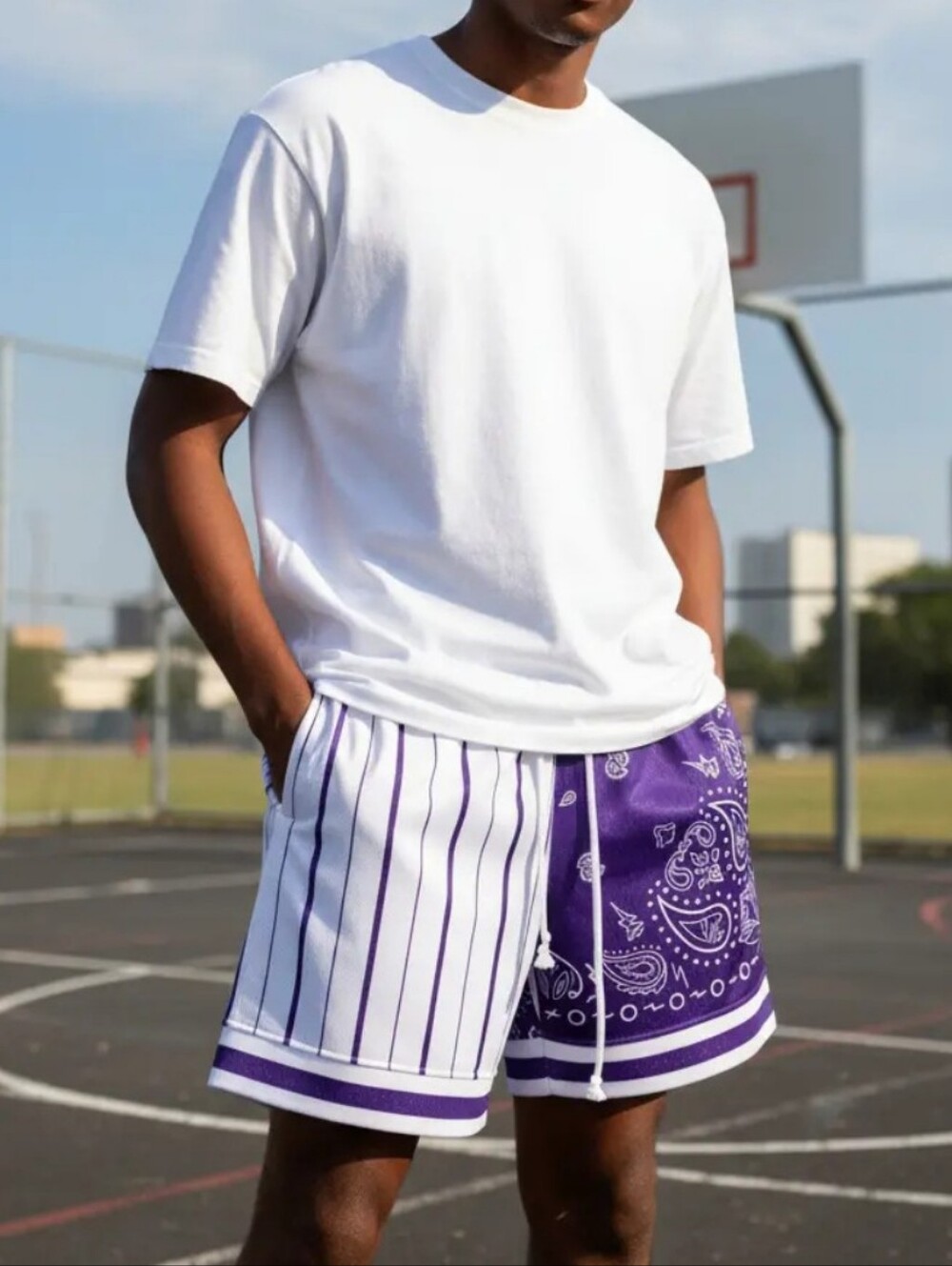 Men's Purple Panel Bandana Basketball Shorts